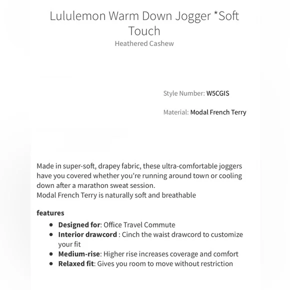 NWT Lululemon Warm Down Jogger *Soft Touch Heathered Cashew - Picture 9 of 9